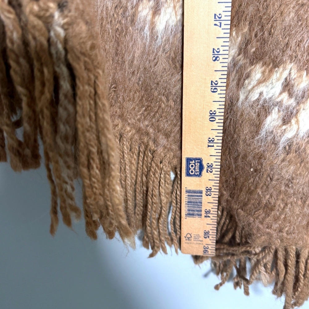 Vintage Knit Fringe Poncho One Size Brown Cream Chevron Tassel Boho Wool Blend - Picture 7 of 7